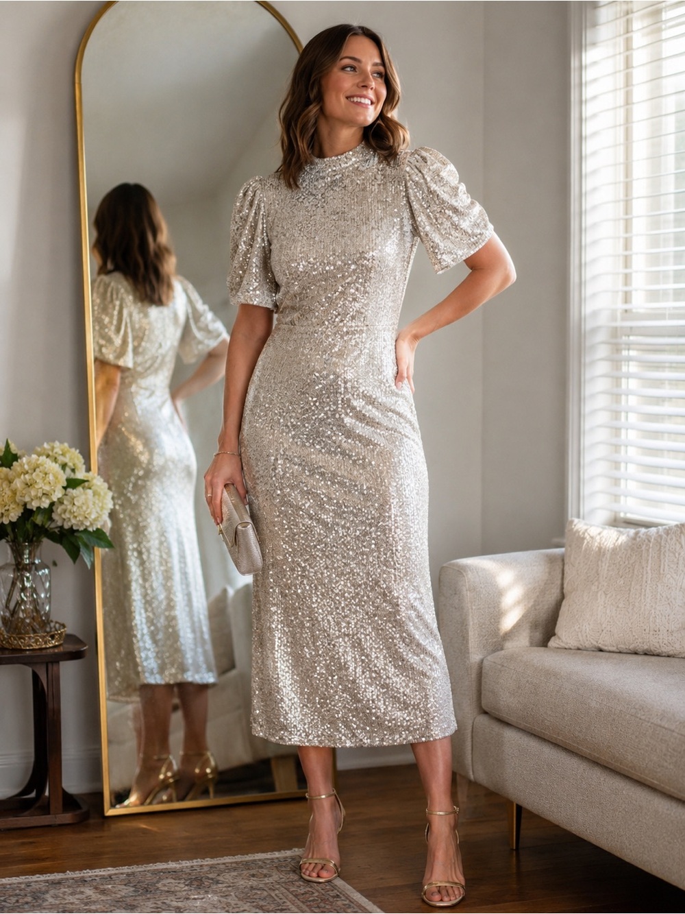 Sequin Midi Dress Puff Sleeves H&M Small Champagne Gold
